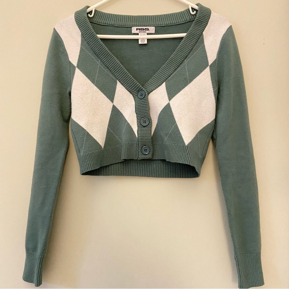 RSQ Cropped Argyle Sweater, XS, Green Blue
